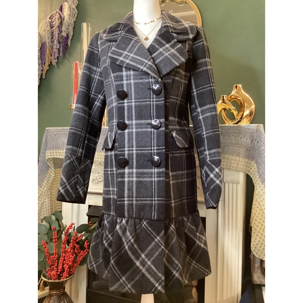 Apt.‎ 9 Womens Grey Plaid Wool Blend Ruffle Hem Double Breasted Peplum Coat M
